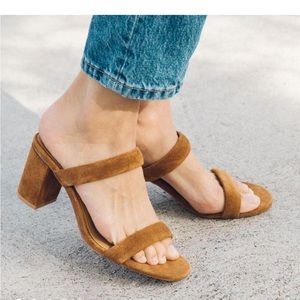 Soludos Ines suede double strap block heel slide walnut tan sandals, NWOB, 7